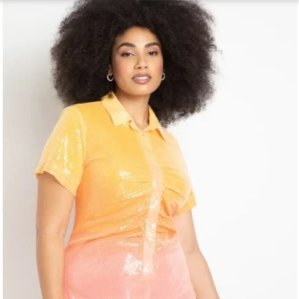 Eloquii Ombre Orange to Pink Button-Front Midi Dress